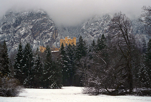 Cold Cold day, with only the castle separating the snow and trees from the foggy chill. The yellow just screams, when it would otherwise be quite soft